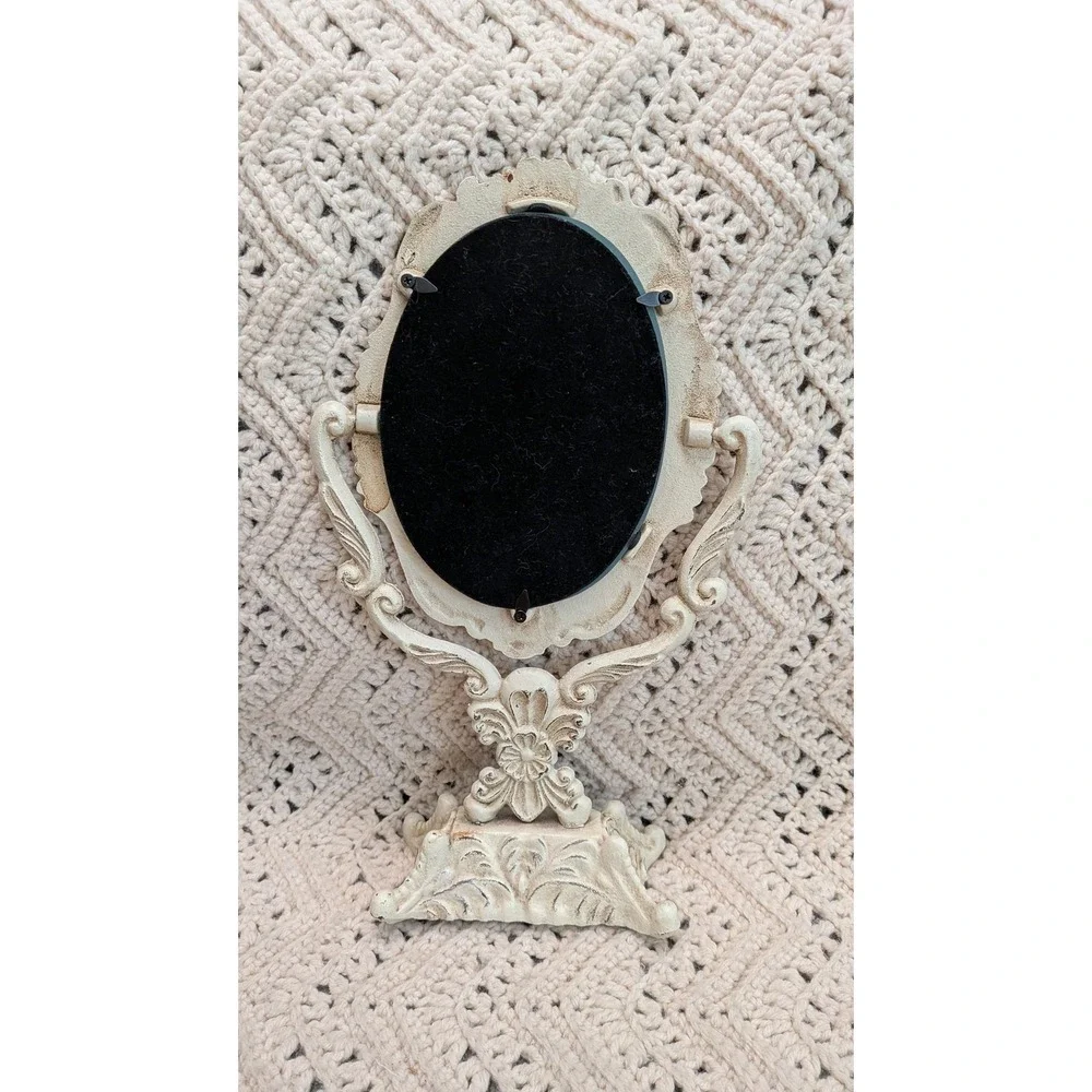 Vintage Ornate Cast Metal Swivel Vanity Mirror Distressed Cream Shabby Chic 13in